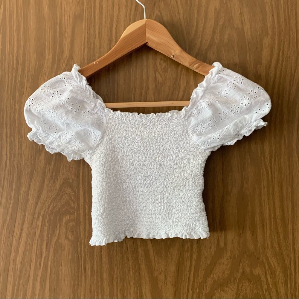 White Puff Sleeve Smocked Crop Top